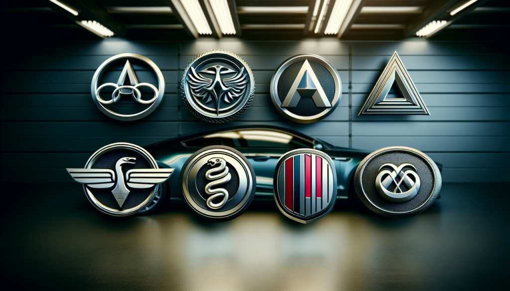 Marque de voiture en A : logos d'Audi, Aston Martin, Acura, Alfa Romeo et Alpine sur fond de garage moderne.