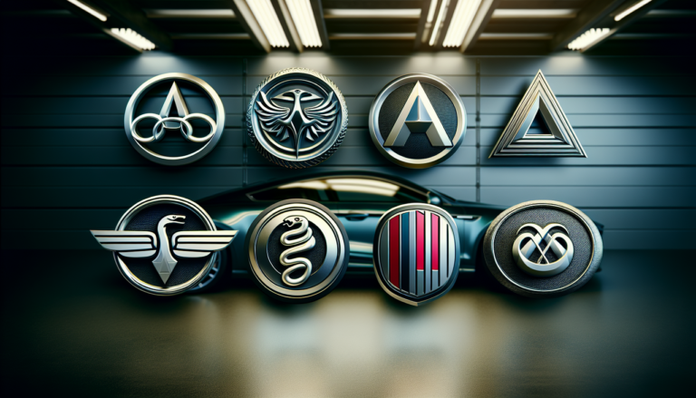 Marque de voiture en A : logos d'Audi, Aston Martin, Acura, Alfa Romeo et Alpine sur fond de garage moderne.