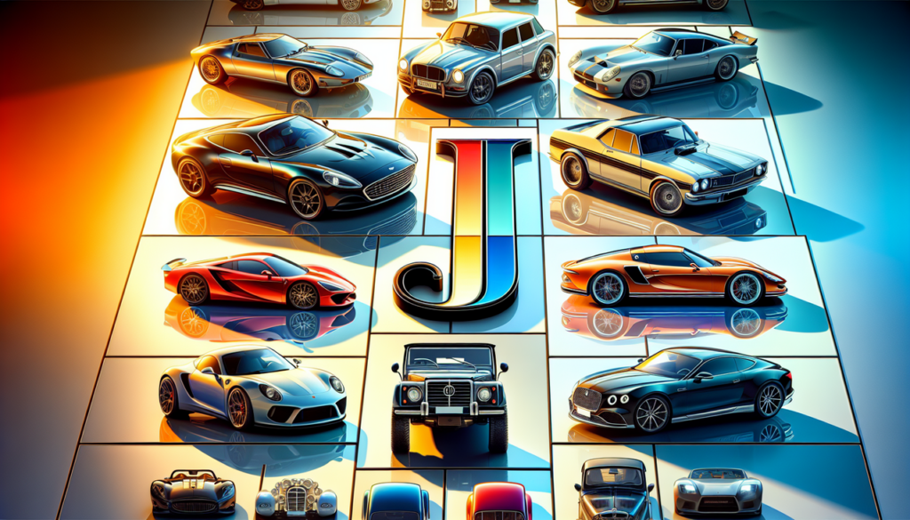Voiture de luxe en J - Scène éclatante avec marques bien visibles sur fond réfléchissant.