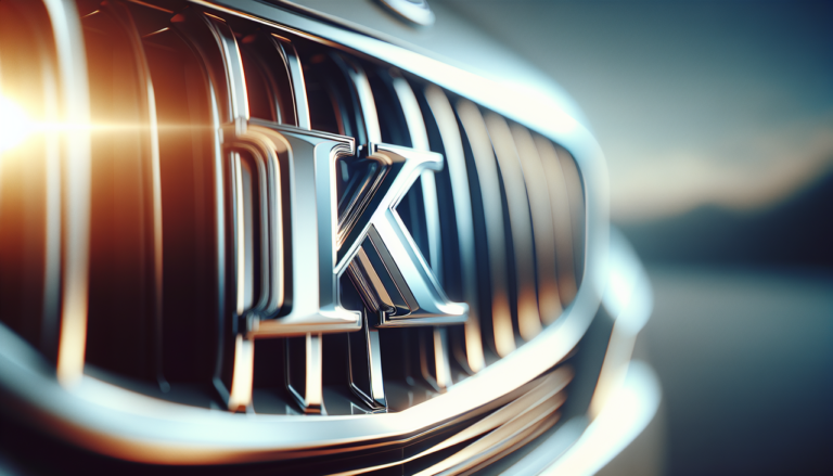 Marque de voiture en K, emblème de voiture avec la lettre "K" en chrome brillant sur une calandre avant brillante et floue, évoquant le luxe et la prestige.