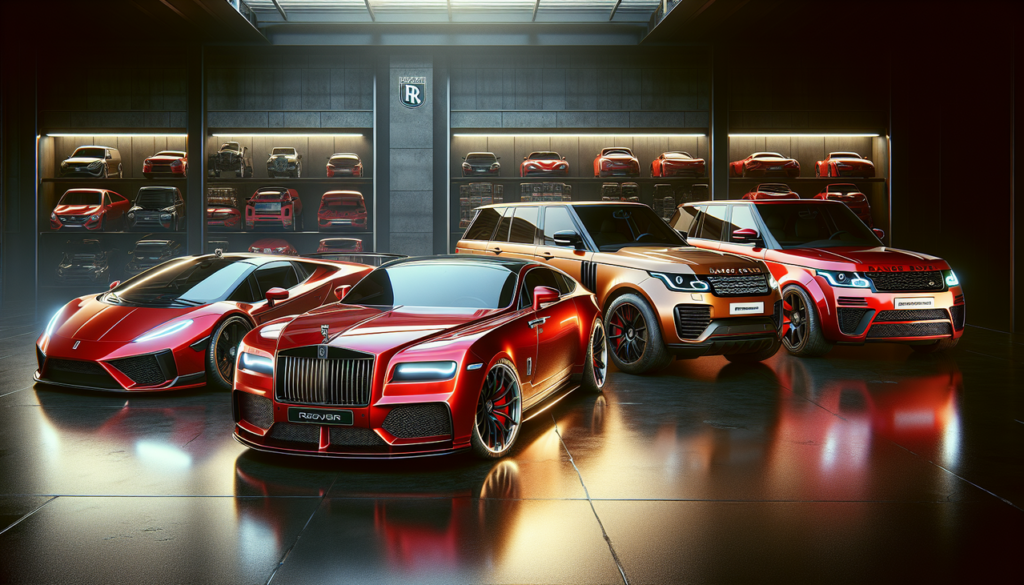 Voitures de luxe R : Rolls-Royce, Range Rover et Renault. Fond de concession prestigieuse. Éclairage naturel, textures réalistes.