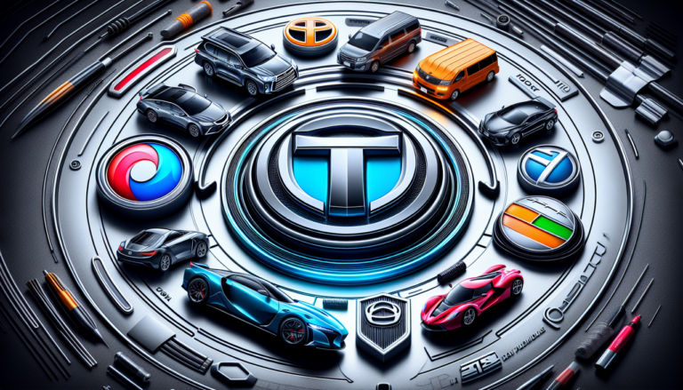 Marque de voitures en T : Toyota, Tesla, Tata Motors, TVR - logos en 3D avec reflets et éclairage subtil. Cohérent avec l'univers automobile luxueux et innovant.