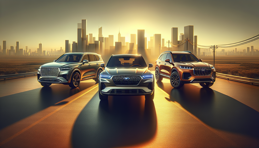 Marque de voiture en W. SUV, coupé sport et berline de luxe, logos visibles sur la calandre. Paysage urbain & naturel en arrière-plan. Chaque véhicule est placé en diagonale, du premier plan à l'arrière-plan, créant une perspective vibrante.