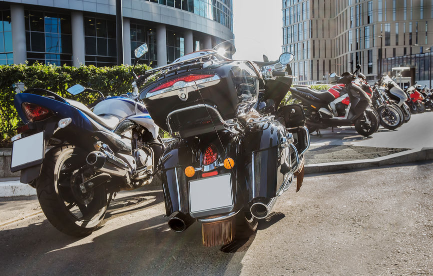 powerful motorcycles on parking in city