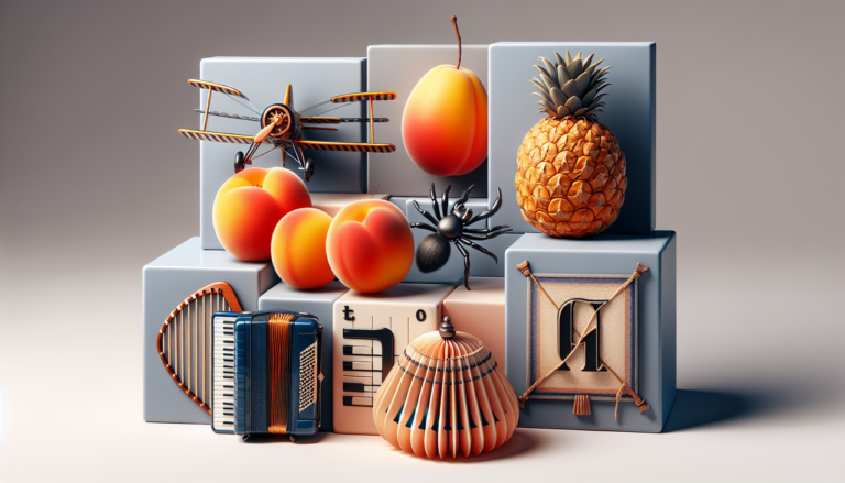 Objets en A variés et détaillés : abricot, araignée, avion, ananas, accordéon.
