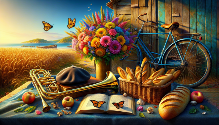 Objet en B : Bouquet, trompette, béret, basket de baguettes, papillon, livre, vélo, plage.