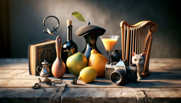 Objet en C : Caméra, citron, chapeau, chat, clef, chaise sur une table en bois.