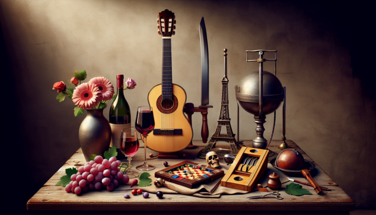 Objet en G sur table rustique avec guitar, raisin, gerbera, gobelet vin rouge, jeu & guillotine.