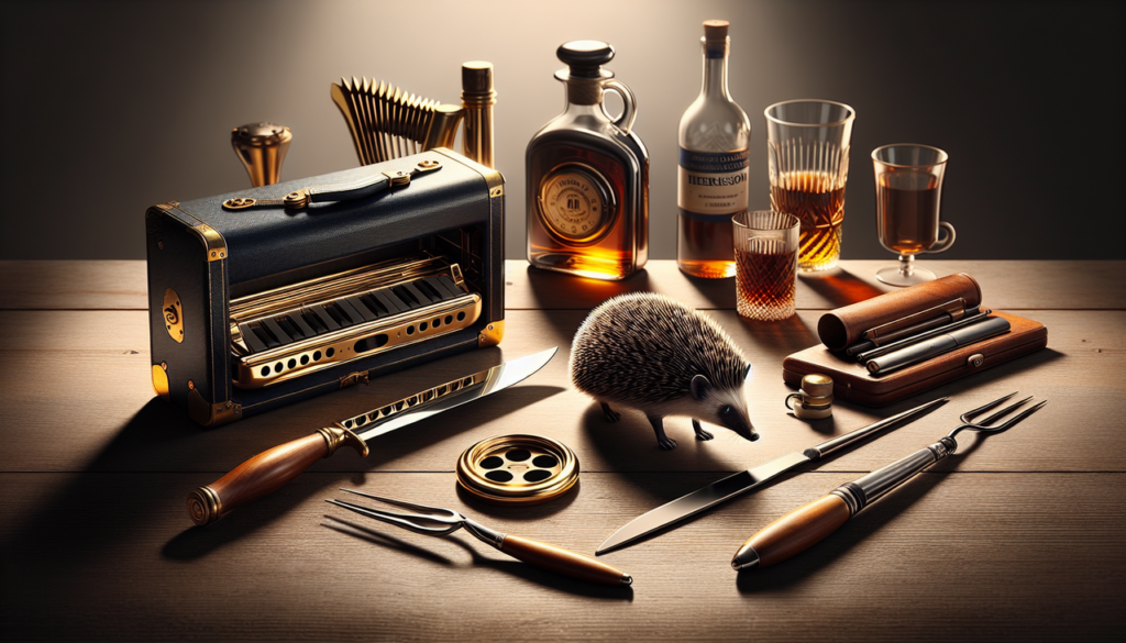 Objet en H sur table en bois brillante, incluant un harmonica, un hachoir, un hublot et un hérisson.