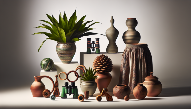 Objet en J - Jardinère, jupe, jumelles, jouet et jarre, textures détaillées, éclairage doux, fond légèrement flou
