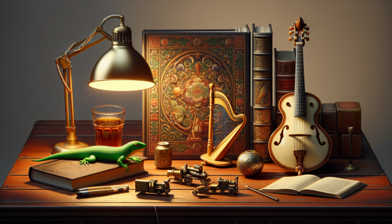Objet en L sur table en bois: lampe, livre, lyre, locomotive, lézard.