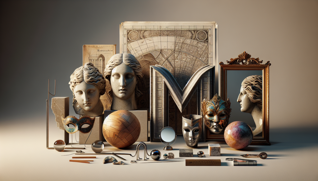 Objet en M - Sélection soignée en français : carte, marbre, masque et miroir. Texture réaliste, détails précis. Mise en scène élégante, fond neutre, éclairage doux. Haute résolution, profondeur de champ.