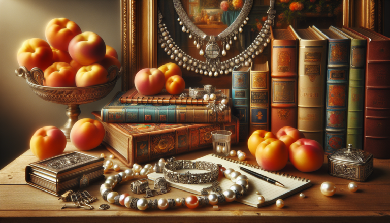 Objet en N : Collier de perles argentées et pendentif de nacre, cahiers colorés, peinture raffinée, nectarines juteuses, table en chêne.