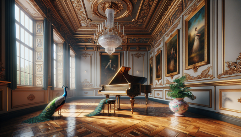 Objet en P, piano poli, salle grandiose, plancher détaillé, peintures classiques, paon, lampe cristal.