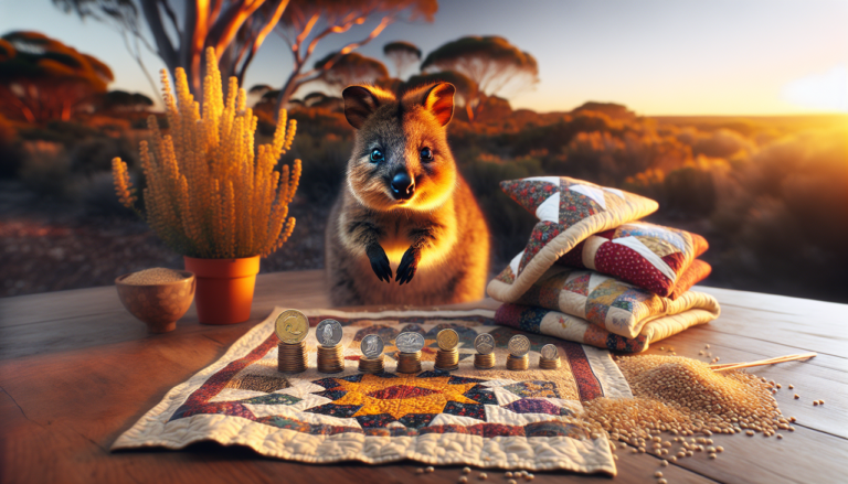 Objet en Q: Quokka, pièces, quinoa, courtepointe et paysage australien vibrant lors de l'heure dorée.