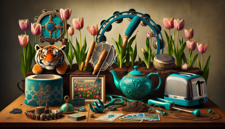 Objet en T - Collection variée comprenant une tambourine, un bijou turquoise, une théière ornée, une truelle dans la terre à côté de tulipes en fleur, un tigre en peluche, un ticket évènement, un grille-pain turquoise, un mètre ruban et un jeu de tarot empilé.