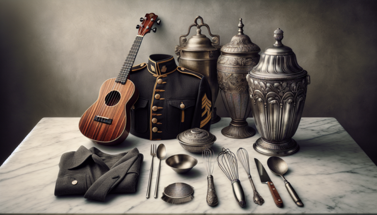 Objet en U : ukulélé, uniforme, urne et ustensiles de cuisine sur un comptoir en marbre.