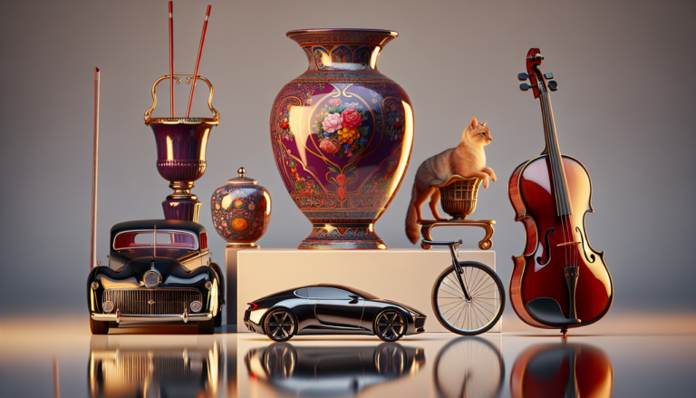 Objet en V : vase, voiture, vélo et violon sur fond neutre.