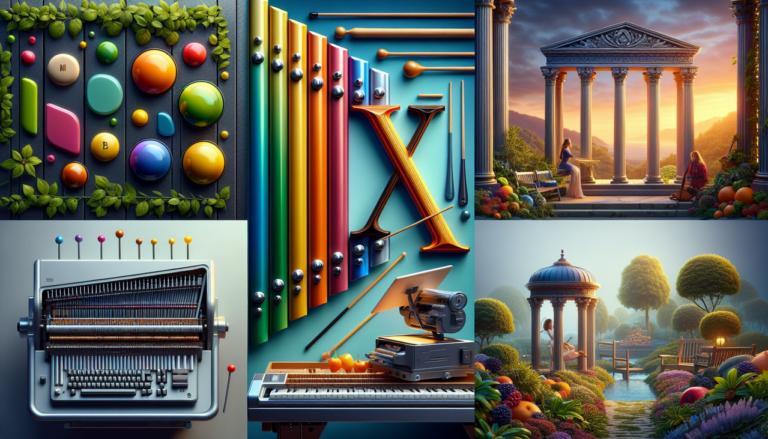 Objet en X sur fond éclatant : xylophone central, xyste en arrière-plan, photocopieur Xerox à droite.