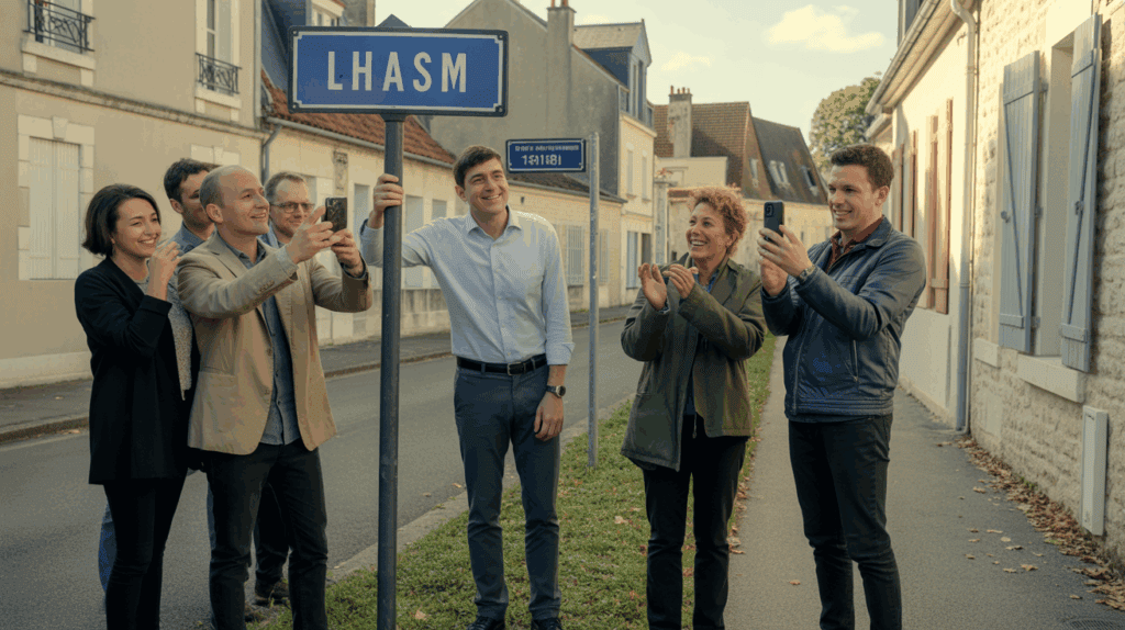 Inauguration réaliste d'une rue française portant le nom d'une personne, avec habitants observant la scène dans une ambiance authentique et chaleureuse.