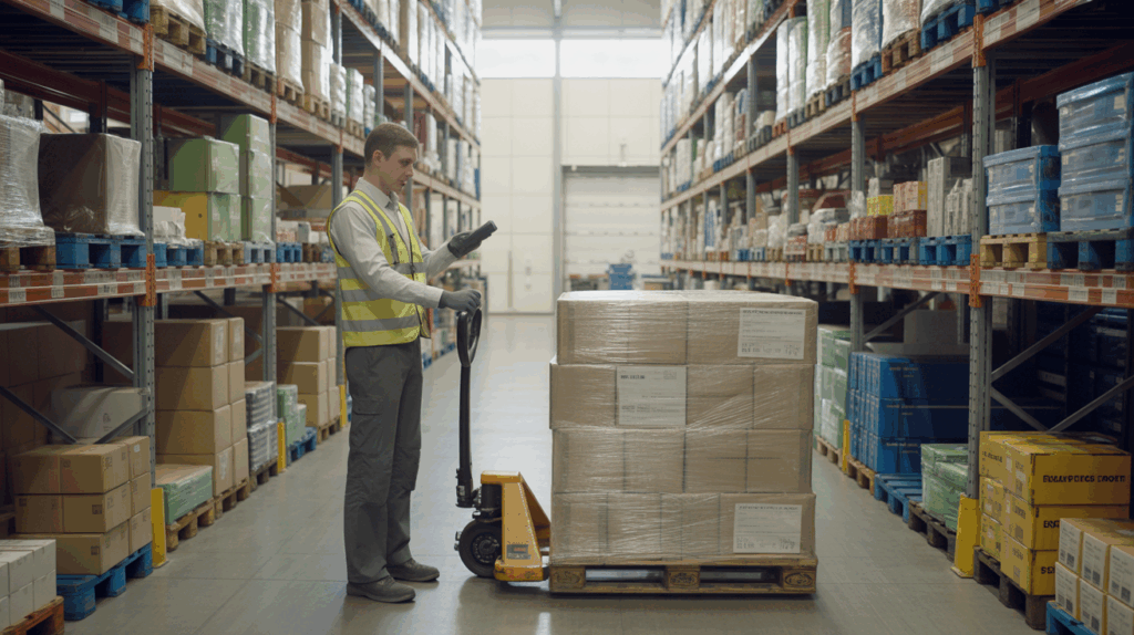 Scène réaliste d’un agent logistique travaillant dans un entrepôt moderne, vérifiant des colis avec un scanner au milieu de rayonnages chargés.