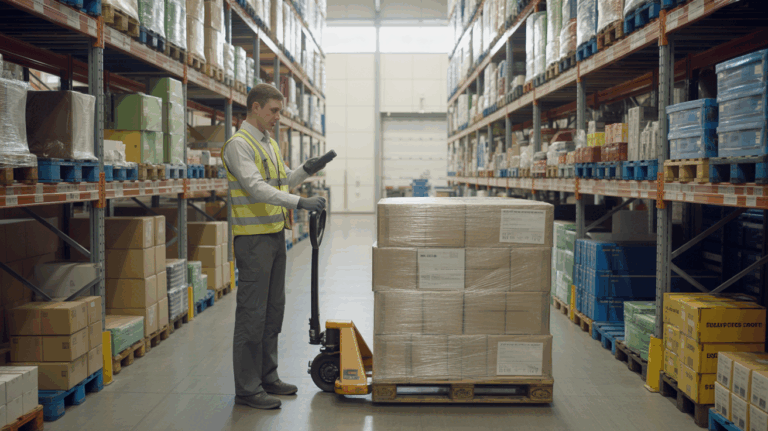 Scène réaliste d’un agent logistique travaillant dans un entrepôt moderne, vérifiant des colis avec un scanner au milieu de rayonnages chargés.