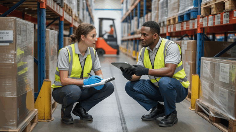 Deux agents logistiques, un débutant et un expérimenté, travaillent côte à côte dans un entrepôt moderne et réaliste.