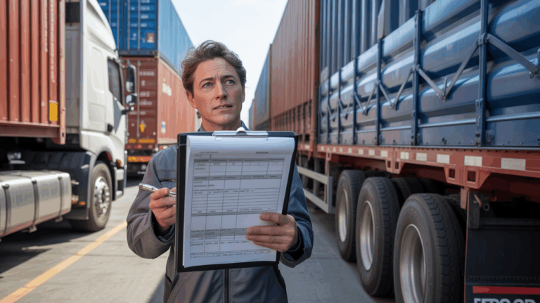 Responsable logistique examinant des documents de transport devant un camion dans un hub de fret moderne.