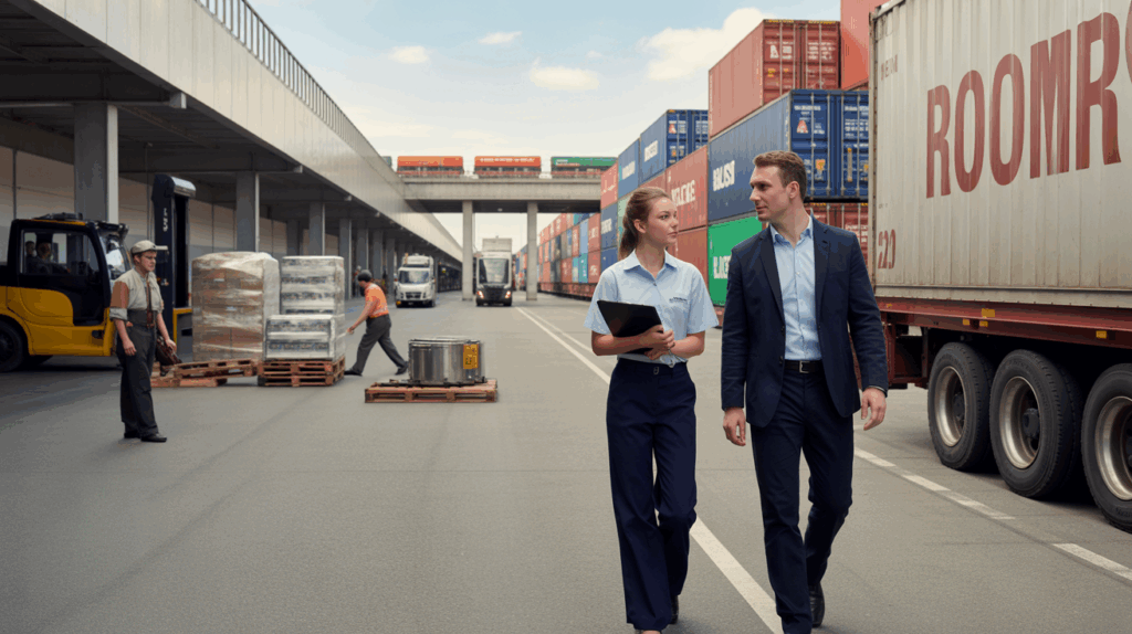 Scène réaliste d’un apprenti en logistique visitant un hub de transport animé aux côtés d’un superviseur, entourés d’entrepôts, de camions et de conteneurs.