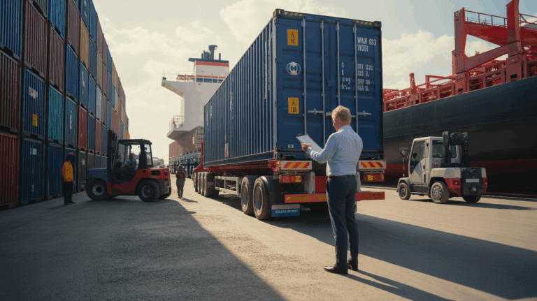 Scène réaliste d’un centre logistique avec un agent vérifiant des documents devant un conteneur en cours de chargement.