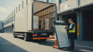 Camion de transport de marchandises devant un entrepôt réel, avec un chauffeur effectuant un contrôle de sécurité et d’assurance.