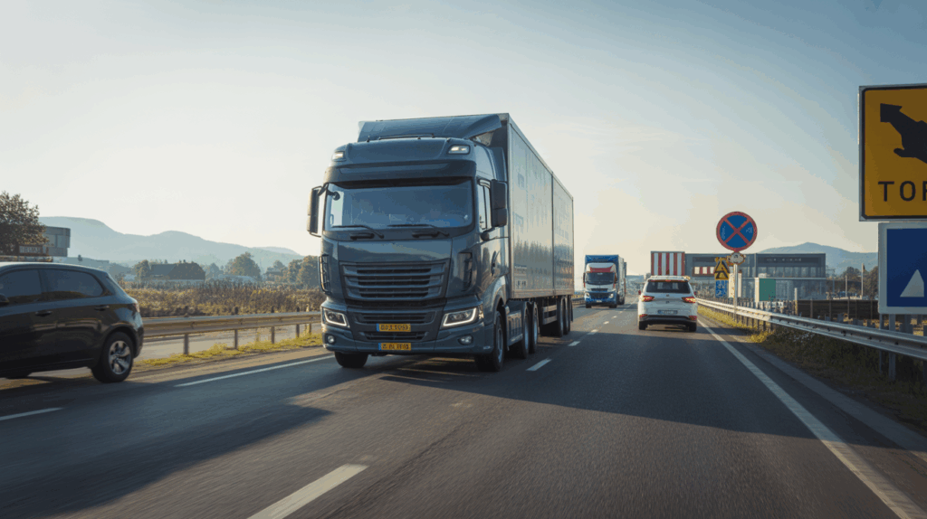 Camion de transport international traversant un poste frontalier européen au lever du jour, dans une scène réaliste et détaillée.