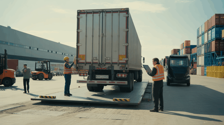 Scène réaliste d’un hub logistique avec un camion chargé sur une bascule, des travailleurs inspectant la cargaison et des entrepôts réels en arrière‑plan.