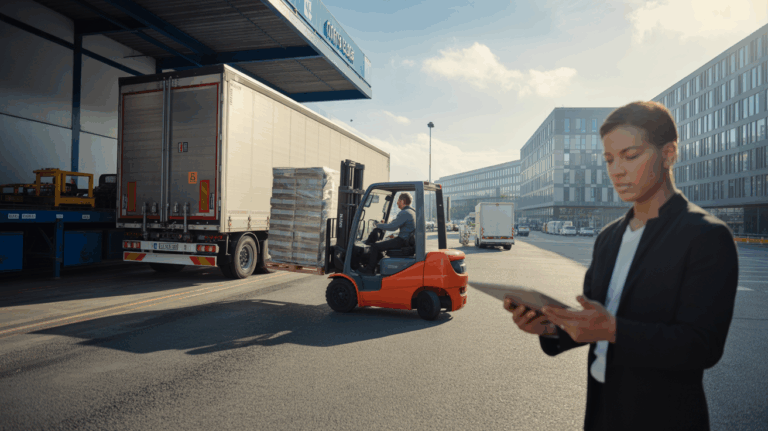 Scène réaliste dans un centre logistique européen montrant un camion sur une balance, un chariot élévateur manipulant des palettes et un superviseur analysant des données de capacité.