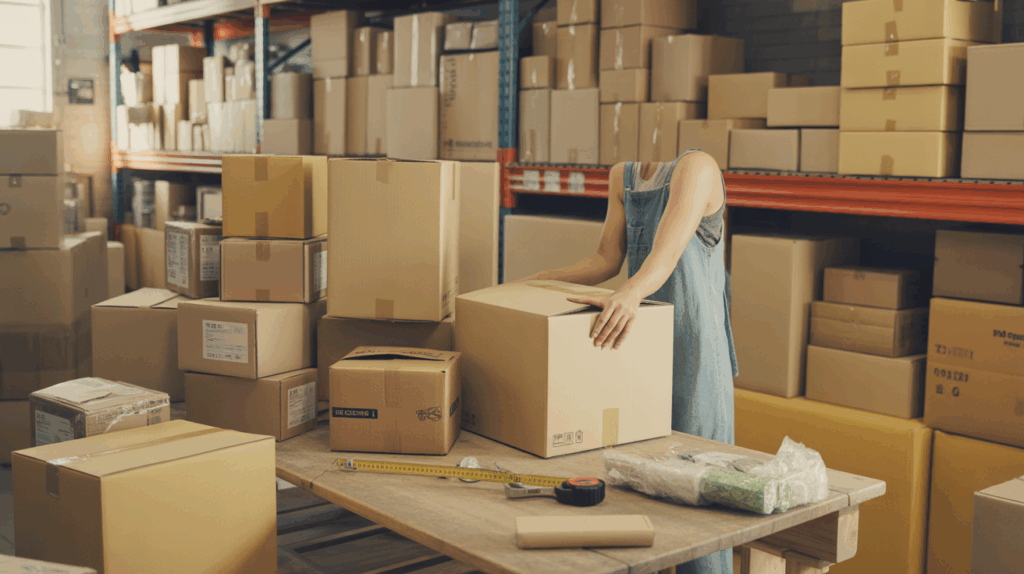 Scène réaliste d’entrepôt montrant divers cartons d’emballage de tailles variées dans un environnement naturel et authentique.