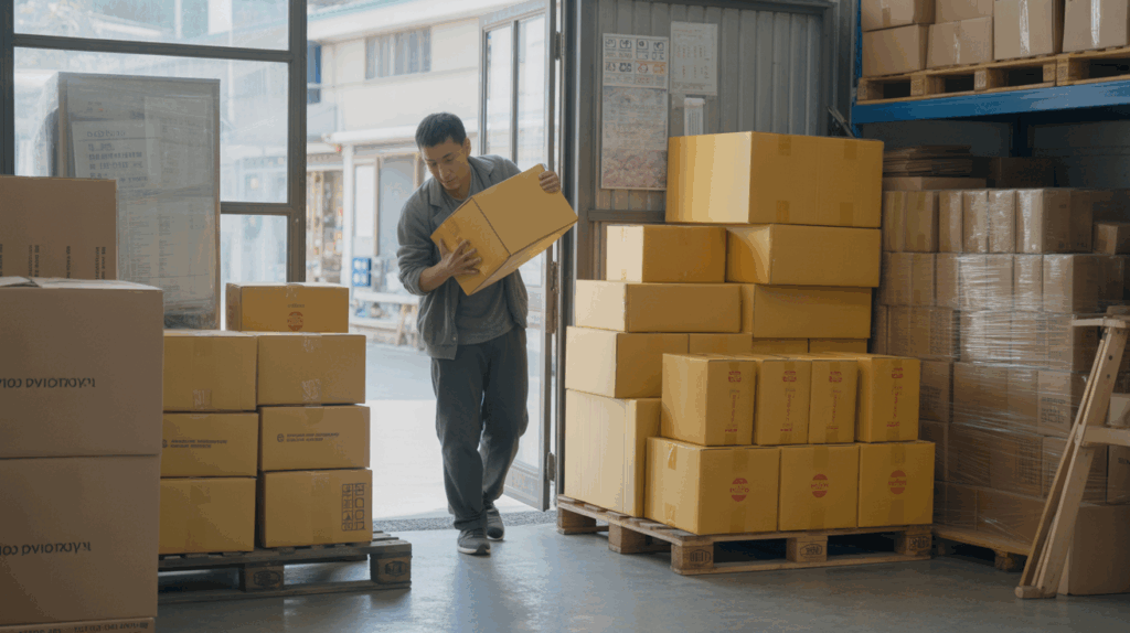 Scène réaliste dans un petit entrepôt avec des cartons d’emballage empilés et un employé examinant une boîte dans un décor naturel et authentique.