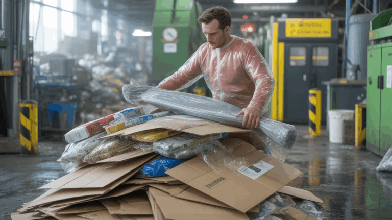 Scène réaliste dans un centre de recyclage où un employé examine une pile de suremballages en plastique et carton.
