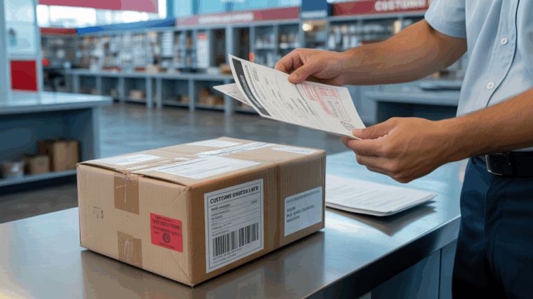 Scène réaliste dans un poste de douane avec un colis inspecté et un agent manipulant des documents.