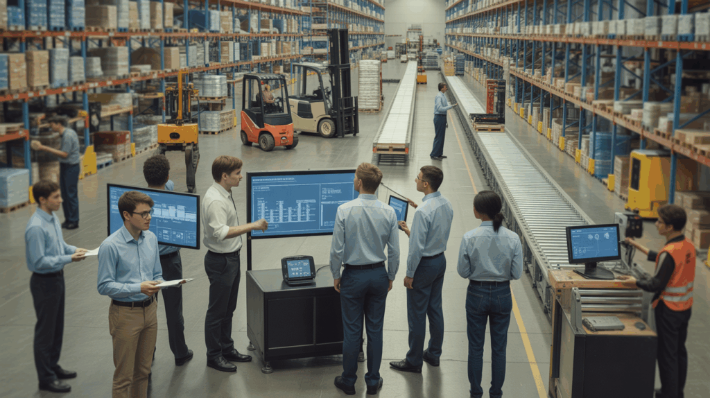 Scène réaliste d’un centre logistique moderne avec des étudiants et professionnels collaborant autour d’équipements réels et de données numériques.