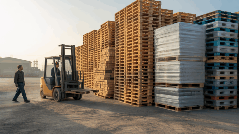 Comparaison réaliste de palettes en bois et en plastique dans une cour logistique au lever du soleil, avec un chariot élévateur et un décor industriel naturel.