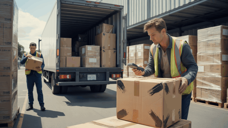 Scène réaliste d’un quai de chargement où un employé examine un colis endommagé dans un camion de livraison, illustrant la responsabilité du transporteur.