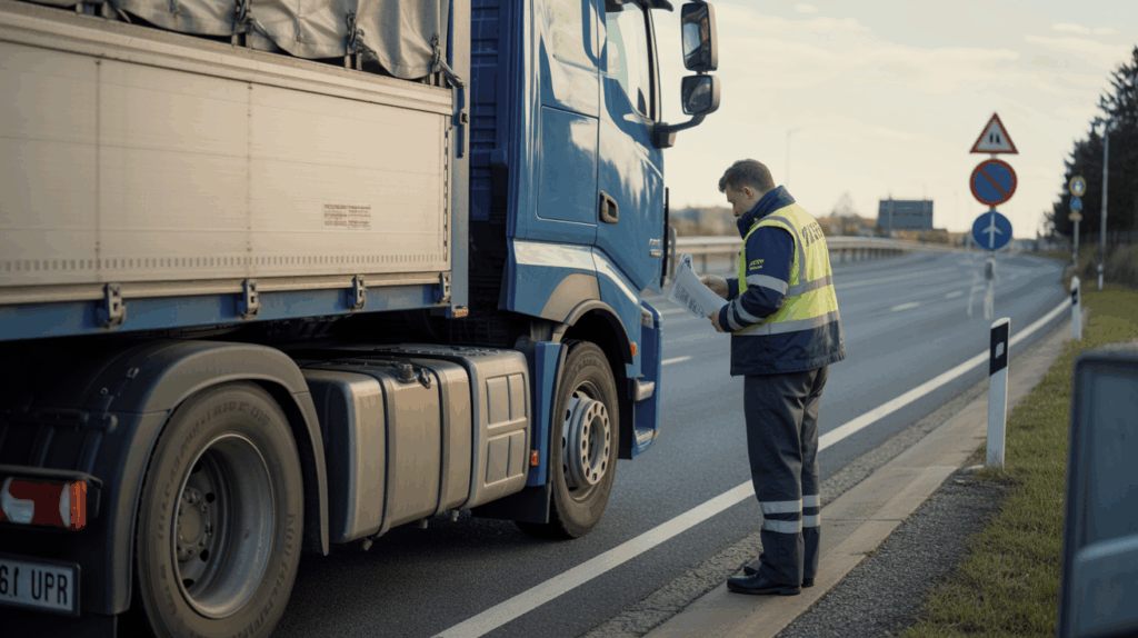 Inspection réaliste d’un poids lourd sur une autoroute européenne, avec un contrôleur vérifiant la conformité et la sécurité du camion.