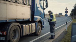 Inspection réaliste d’un poids lourd sur une autoroute européenne, avec un contrôleur vérifiant la conformité et la sécurité du camion.