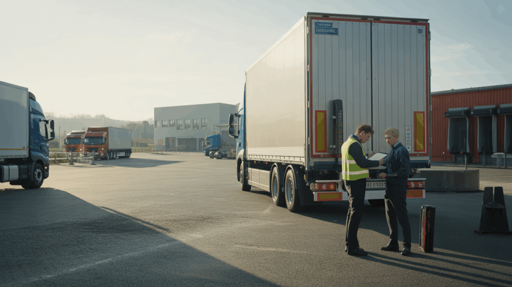 Scène réaliste à l’aube dans un hub logistique avec un camion européen inspecté à un poste de contrôle, bâtiments industriels réels en arrière‑plan et personnel en interaction naturelle.
