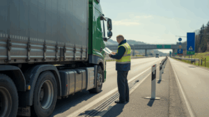 Inspection réaliste d’un camion de marchandises sur le bord d’une autoroute européenne avec un agent de contrôle examinant les documents.