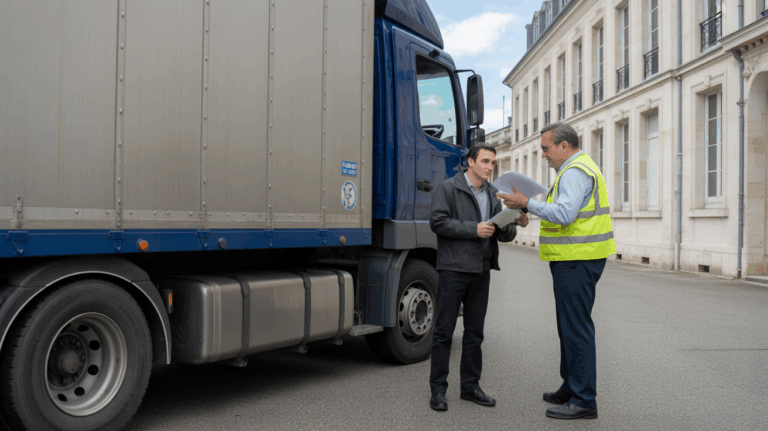 Scène réaliste d’un contrôle de transport de marchandises devant un bâtiment administratif français avec un camion et un agent vérifiant des documents.