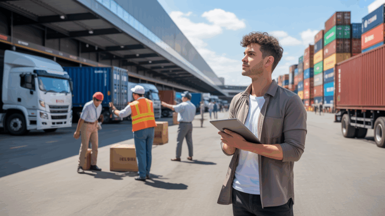 Jeune diplômé observant une plateforme logistique réelle avec camions, entrepôt et personnel en activité, illustrant les débouchés et poursuites d'études après un BTS transport et logistique.