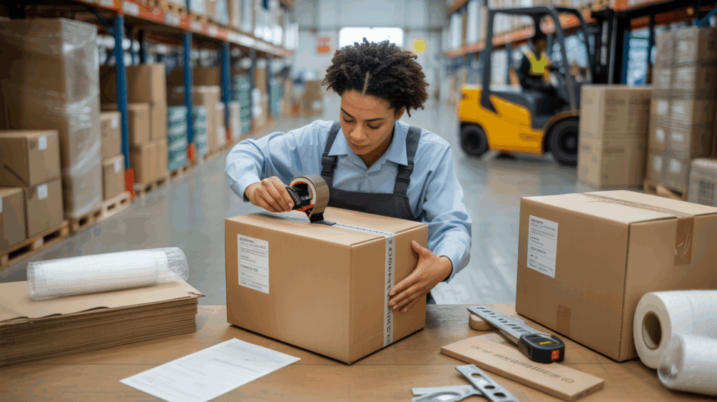 Scène réaliste dans un entrepôt où un employé vérifie et emballe un colis selon des normes strictes, entouré de cartons, d’équipements logistiques et de détails authentiques.