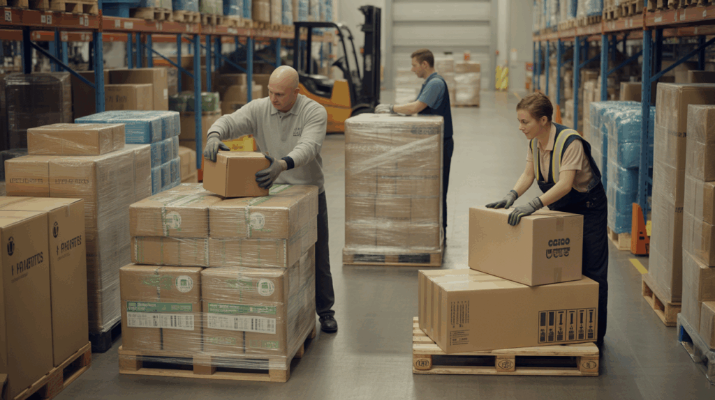 Scène réaliste d’un entrepôt logistique avec des employés emballant soigneusement des colis sur des palettes dans un environnement authentique et bien organisé.