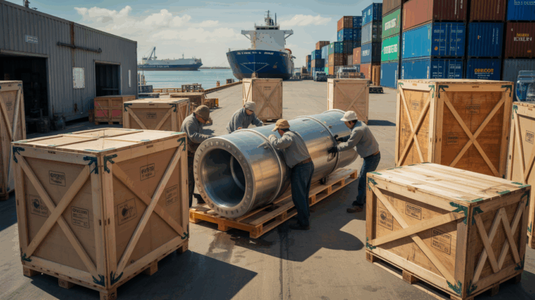 Scène réaliste d’un port où des ouvriers préparent des caisses en bois robustes pour l’emballage maritime de machines industrielles.